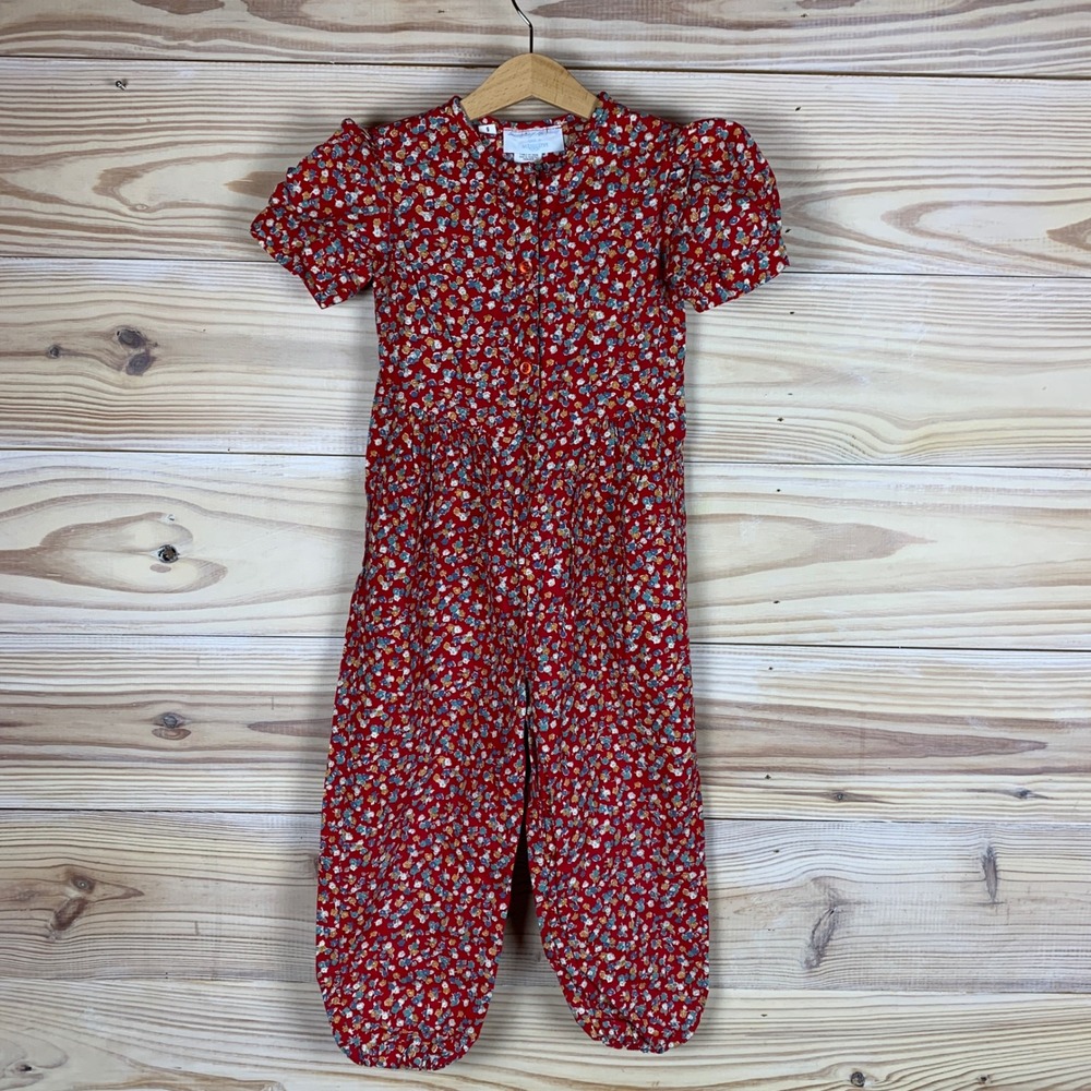Sunday Morning Jumpsuit Girls 5 Red Floral Country Vintage Cotton Romper